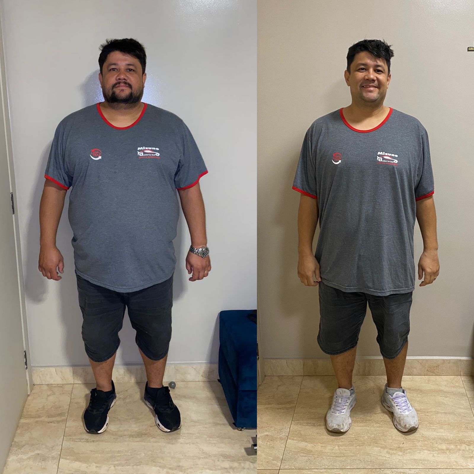Imagem de uma pessoa chamada Wellington. Retratando o antes e depois da perda de peso.